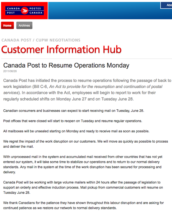 Canada Post Update