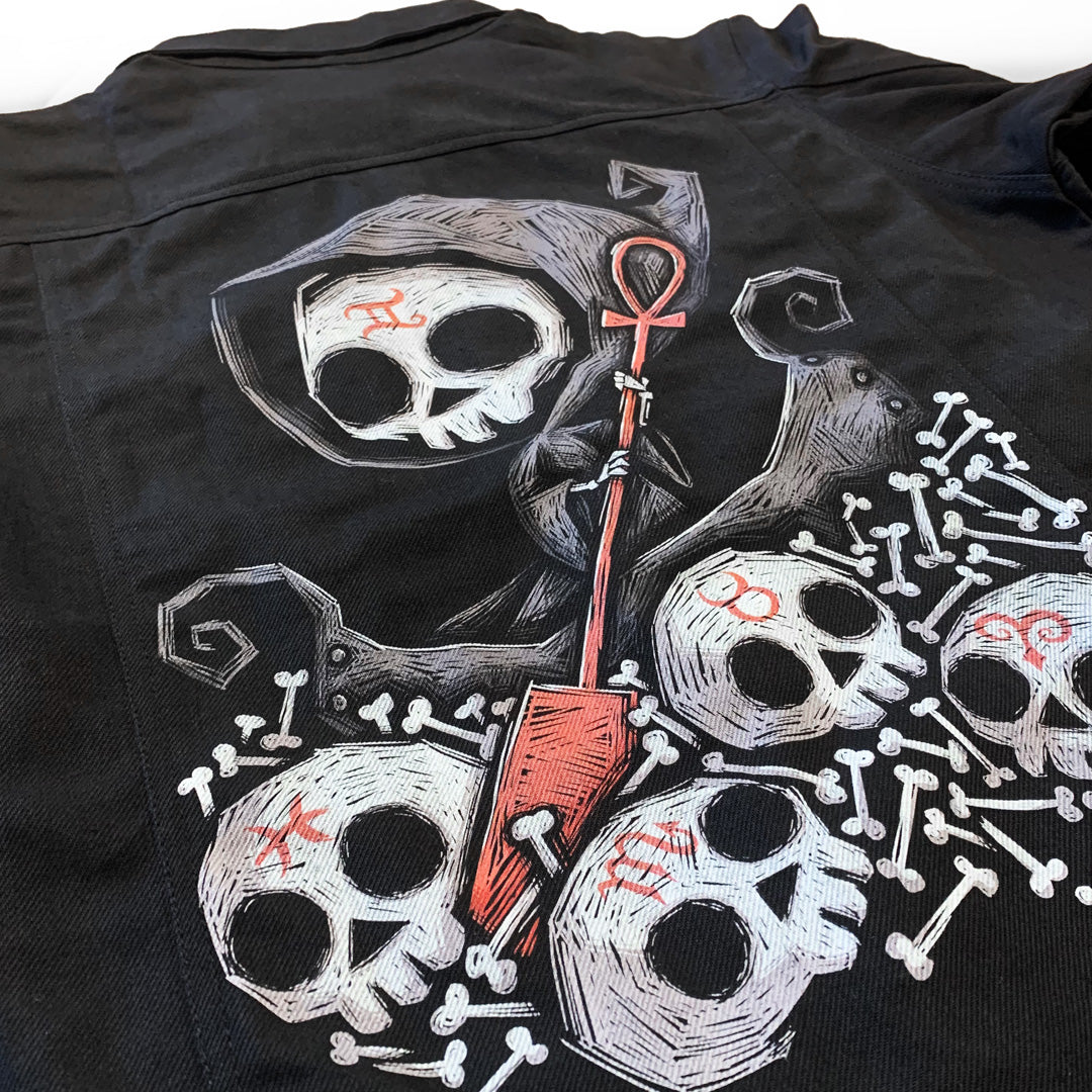 Infernal River Denim Jacket – gothic denim jacket by Akumu Ink, alt fashion art from Akumu Ink Clothing