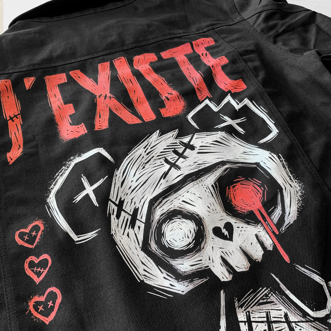 J'Existe Denim Jacket – gothic denim jacket by Akumu Ink, alt fashion art from Akumu Ink Clothing