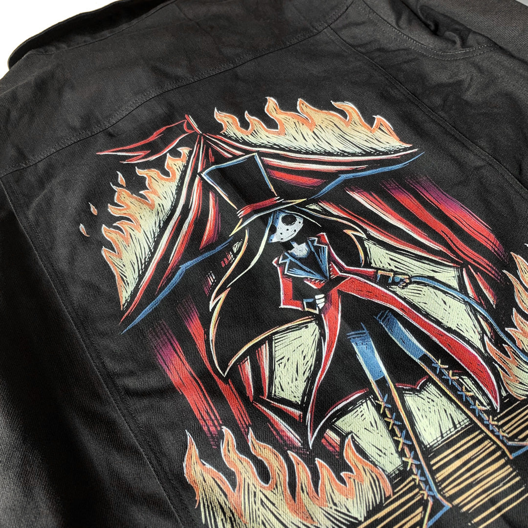 Burn It All Down Denim Jacket – gothic denim jacket by Akumu Ink, alt fashion art from Akumu Ink Clothing