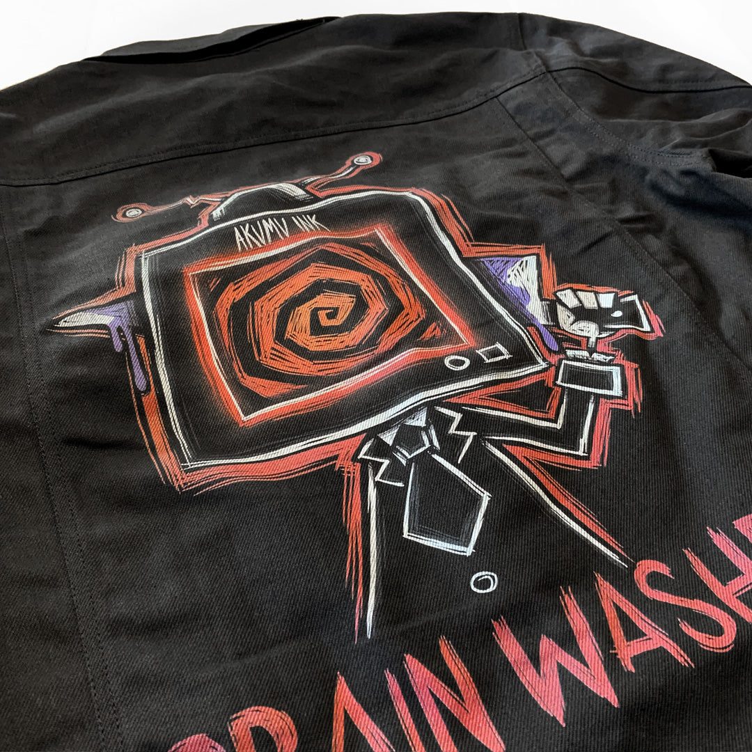 Brainwashed Denim Jacket – gothic denim jacket by Akumu Ink, alt fashion art from Akumu Ink Clothing