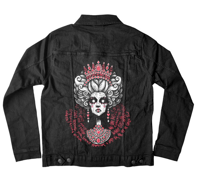 Elite Illusions Denim Jacket – gothic denim jacket by Akumu Ink, alt fashion art from Akumu Ink Clothing