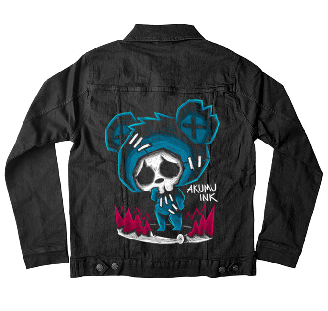 Bear-Trapped Denim Jacket – gothic denim jacket by Akumu Ink, alt fashion art from Akumu Ink Clothing