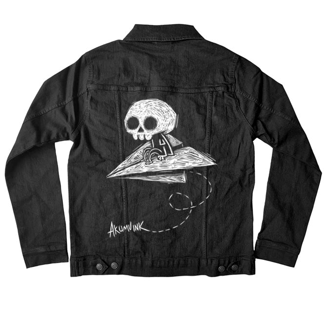 Paper Plane to Nowhere Denim Jacket – gothic denim jacket by Akumu Ink, alt fashion art from Akumu Ink Clothing