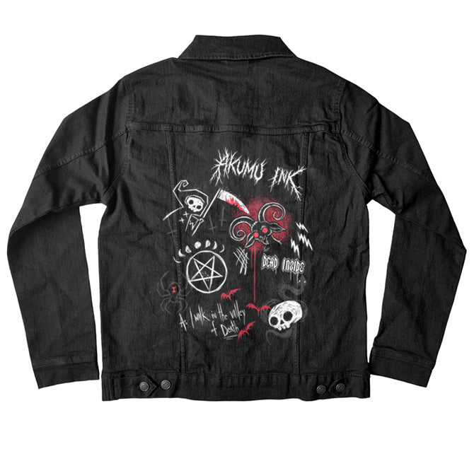 Rebel Metal Denim Jacket – gothic denim jacket by Akumu Ink, alt fashion art from Akumu Ink Clothing