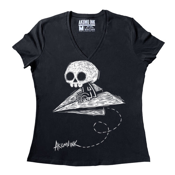 Paper Plane to Nowhere Women Vneck – gothic Women Shirts by Akumu Ink, alt fashion art from Akumu Ink Clothing