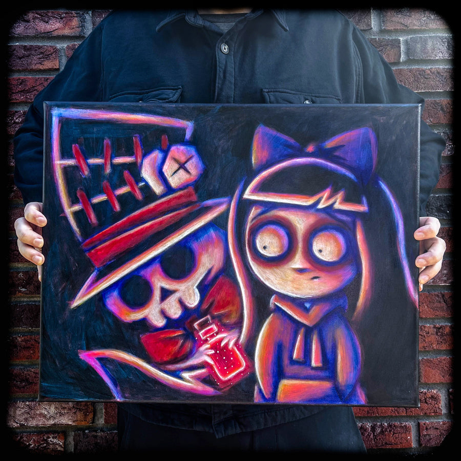 The Hatter's Secret 40x50cm Painted Canvas – gothic art by Akumu Ink, alt fashion art from Akumu Ink Clothing