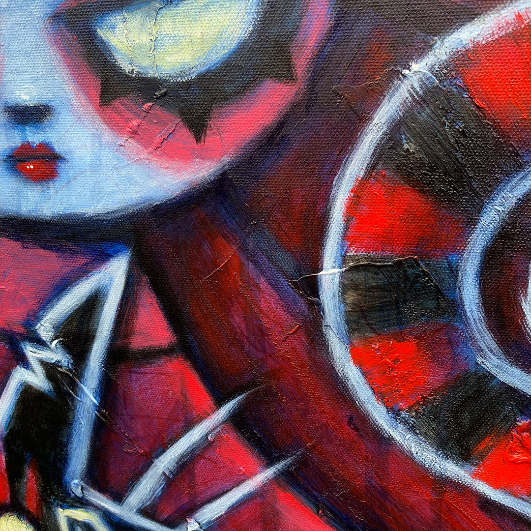 Queen and Cheshire 60x70cm Painted Canvas – gothic art by Akumu Ink, alt fashion art from Akumu Ink Clothing